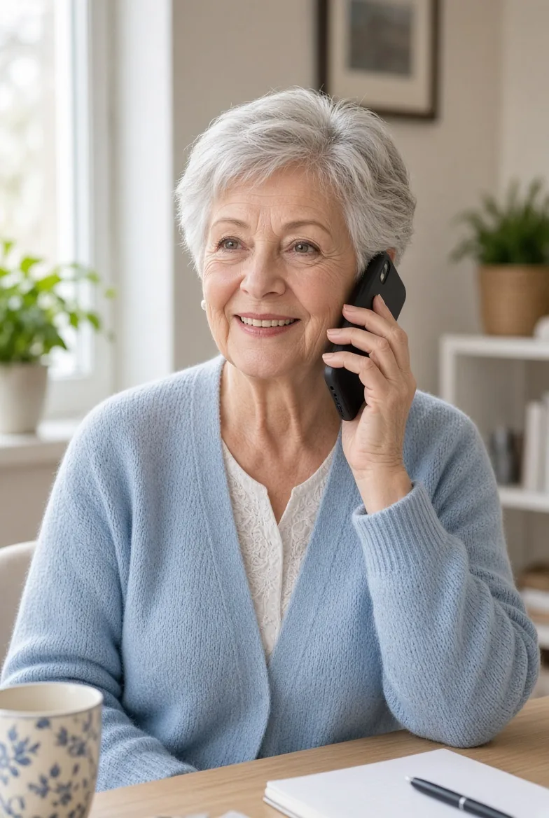 A smiling older woman talking on the phone at her kitchen table